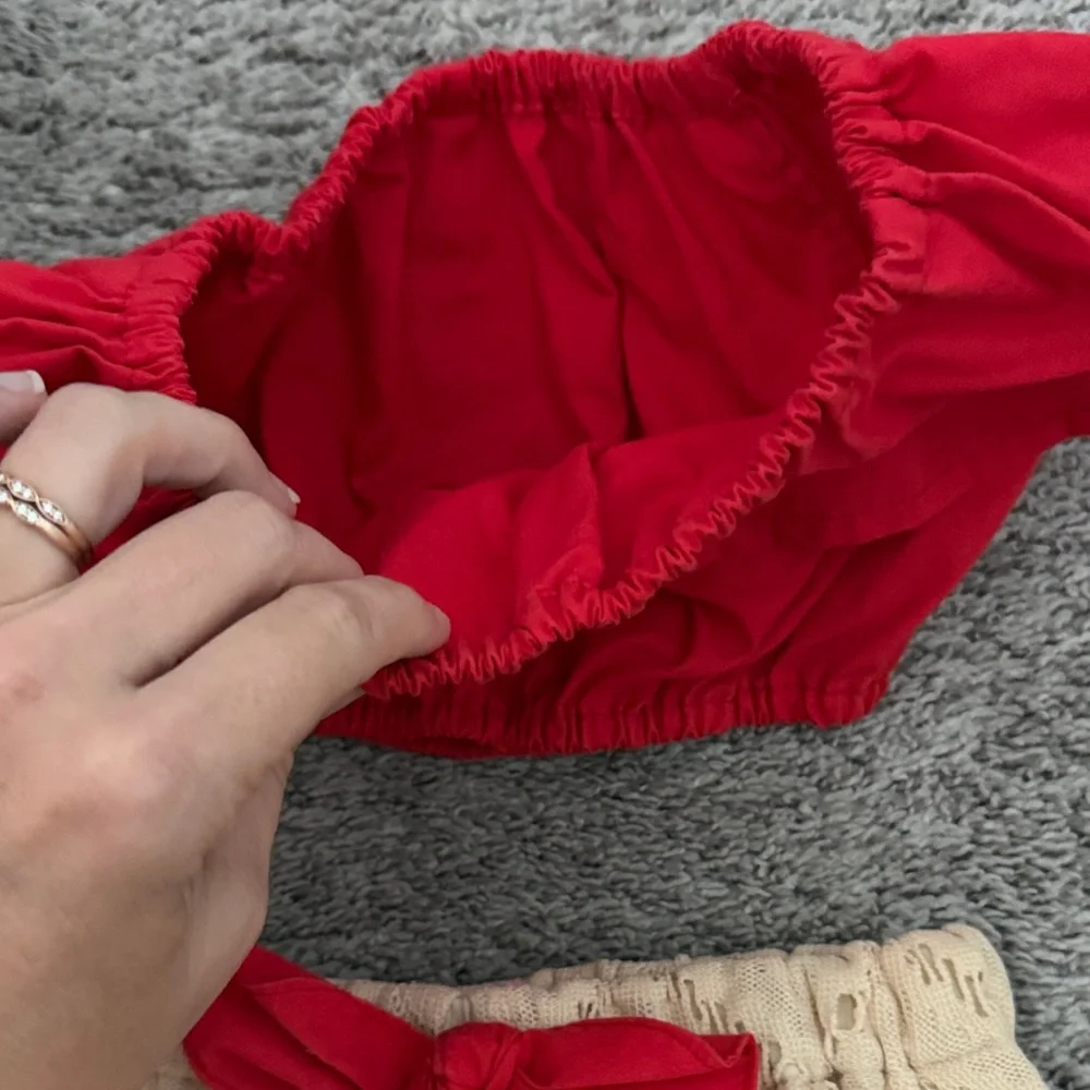 Handmade Moana Red Off-Shoulder Crop Top with skirted bloomers 2t